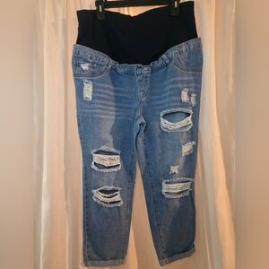 Shein Maternity Distressed Light Wash Jeans half panel Large